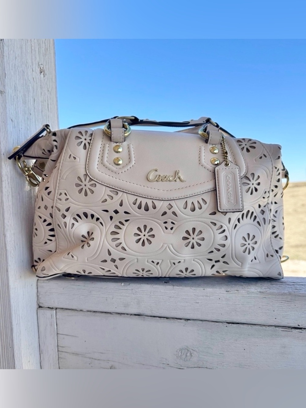 Coach Ashley Lace Leather Satchel Ivory Laser Cut Bag NWT F21929
